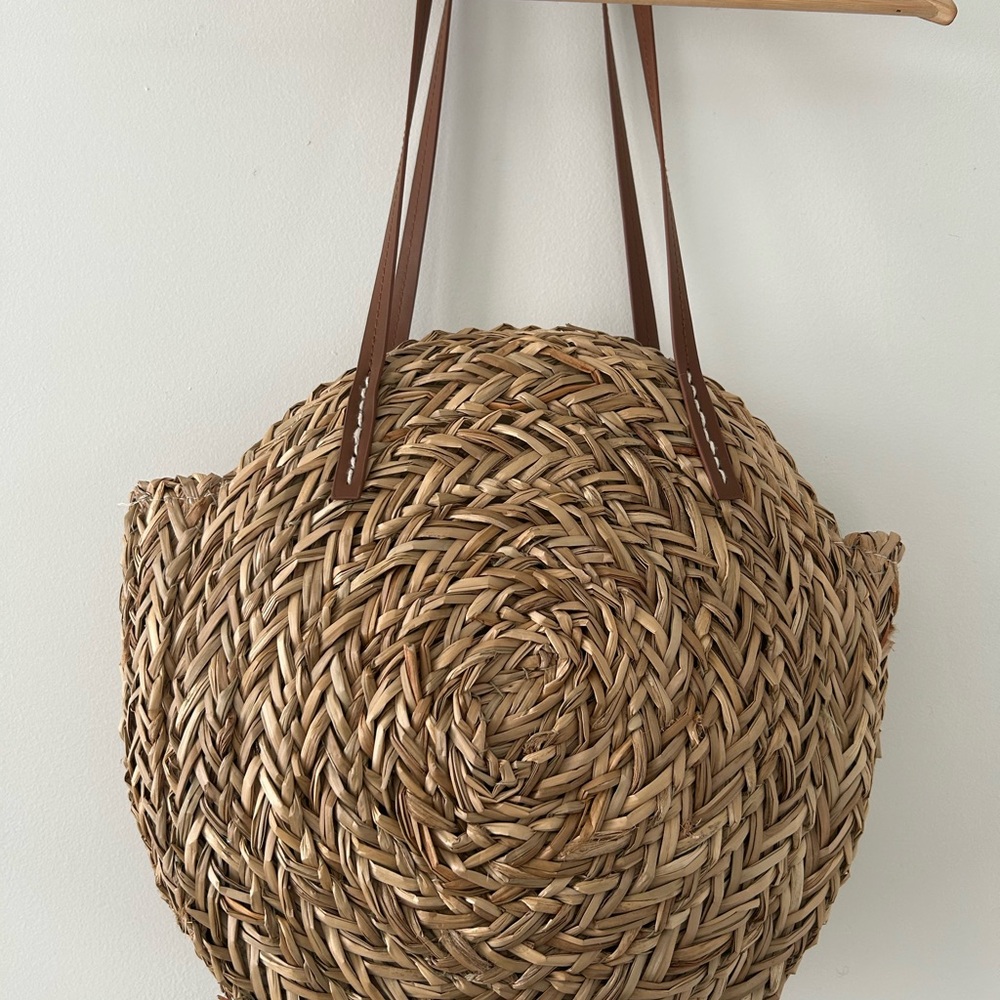 Round Woven Straw Tote Bag with Brown Straps